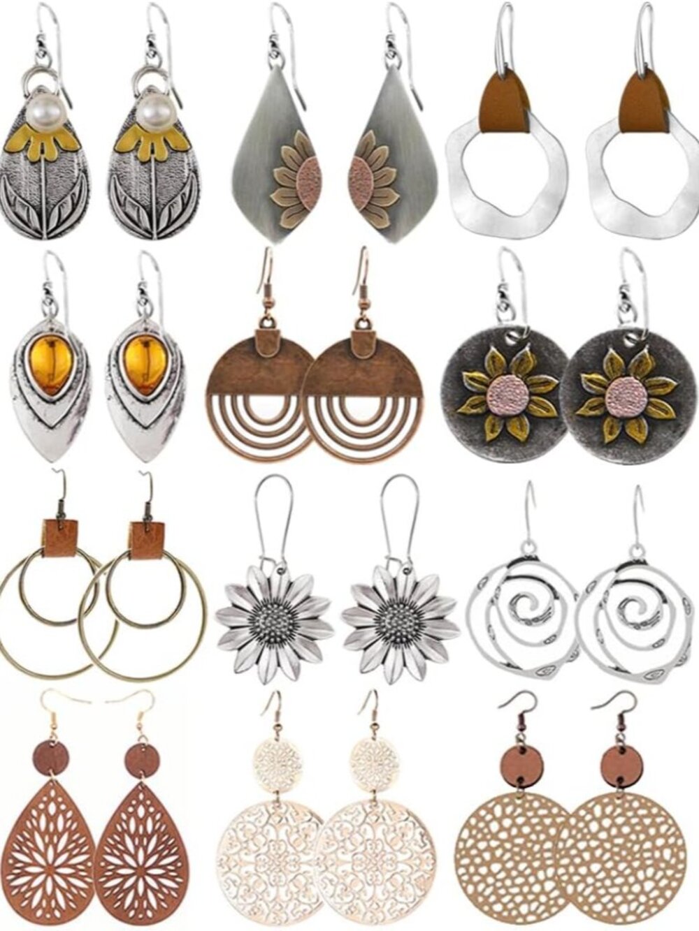12 Pairs Boho Vintage Geometric Round Earrings Wooden Leather Ethnic Style Vinta